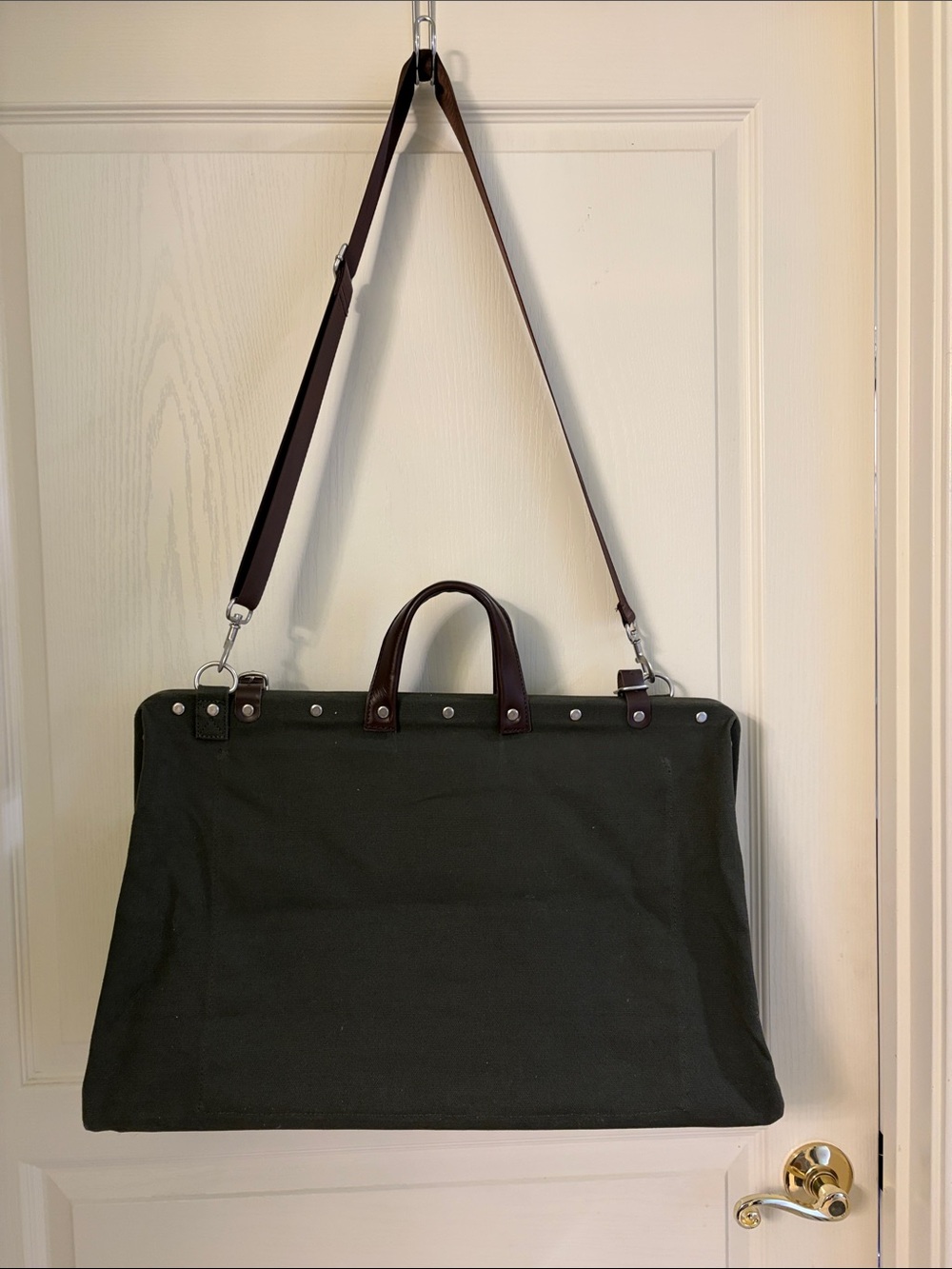 Classic Dark Green Canvas Duffel with Brown Leather Accents - Picture 7 of 11